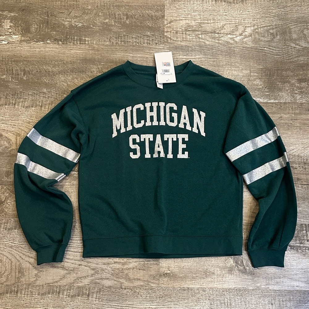 Michigan State Women's Large Green Sweatshirt with Silver Sparkles‎